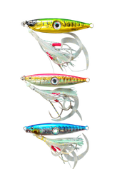 Juicy Bright Eye 100gm in pink blue and green fitted with UV Octopus skirts and size 3 Hooks