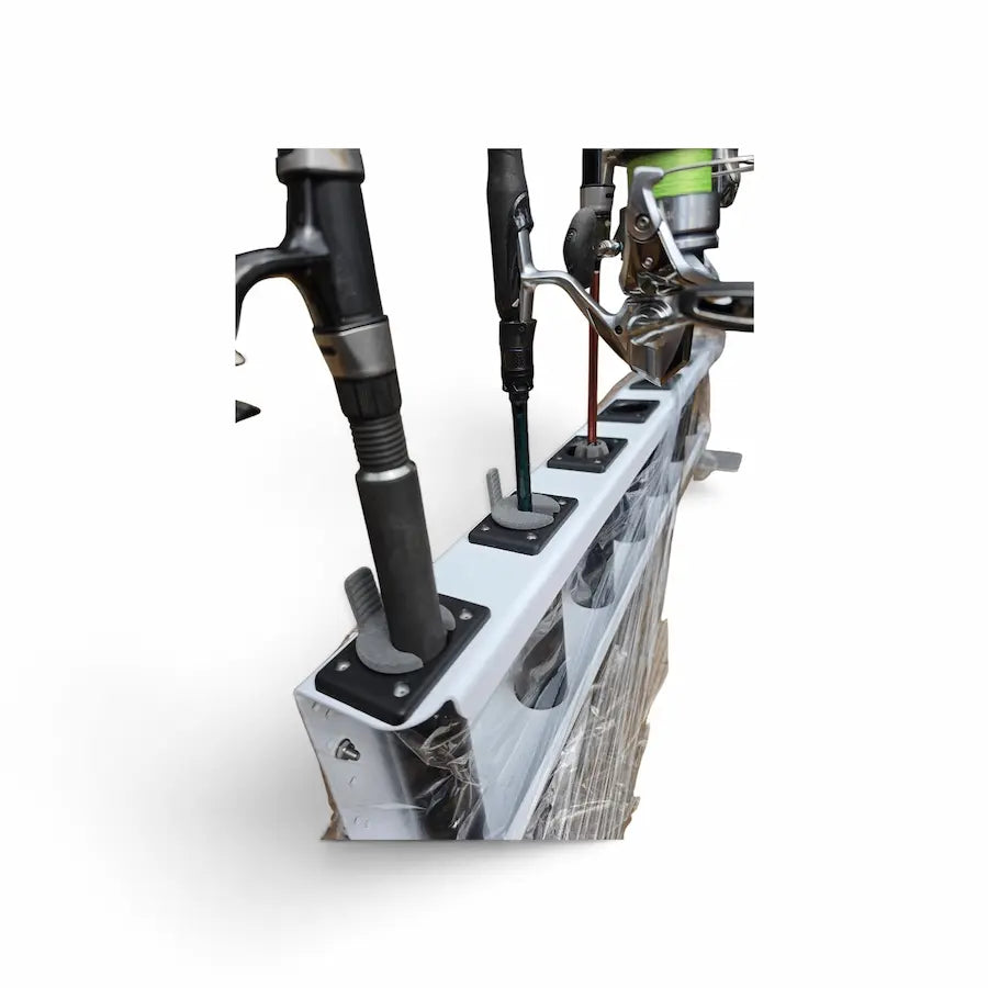 "URR Rod Protection & Stabilisation System™ — ARP-14™ adaptive rod protectors fitted to a rod rack, holding two fishing rods"