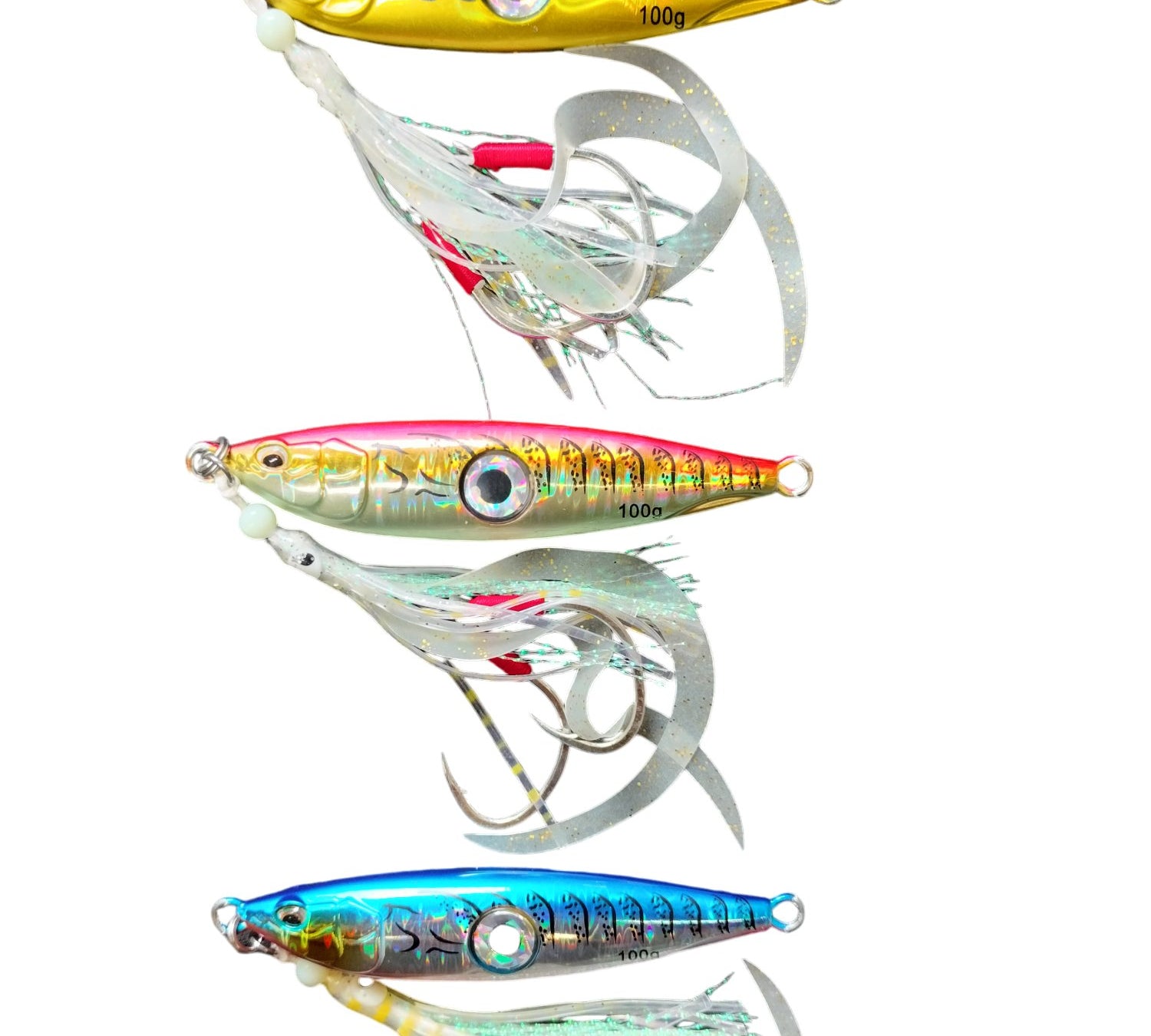 Juicy Bright Eye 100gm in pink blue and green fitted with UV Octopus skirts and size 3 Hooks