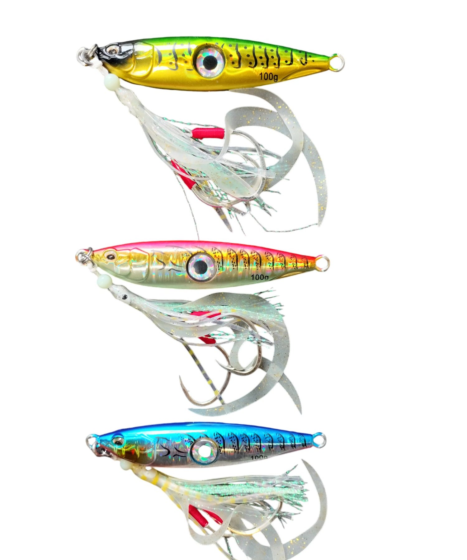 Juicy Bright Eye 100gm in pink blue and green fitted with UV Octopus skirts and size 3 Hooks
