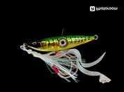 Juicy Bright Eye - 100gm in green fitted with UV Octopus skirts and size 3 Hooks