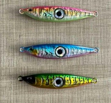 Juicy Bright Eye 100gm in pink blue and green fitted with UV Octopus skirts and size 3 Hooks