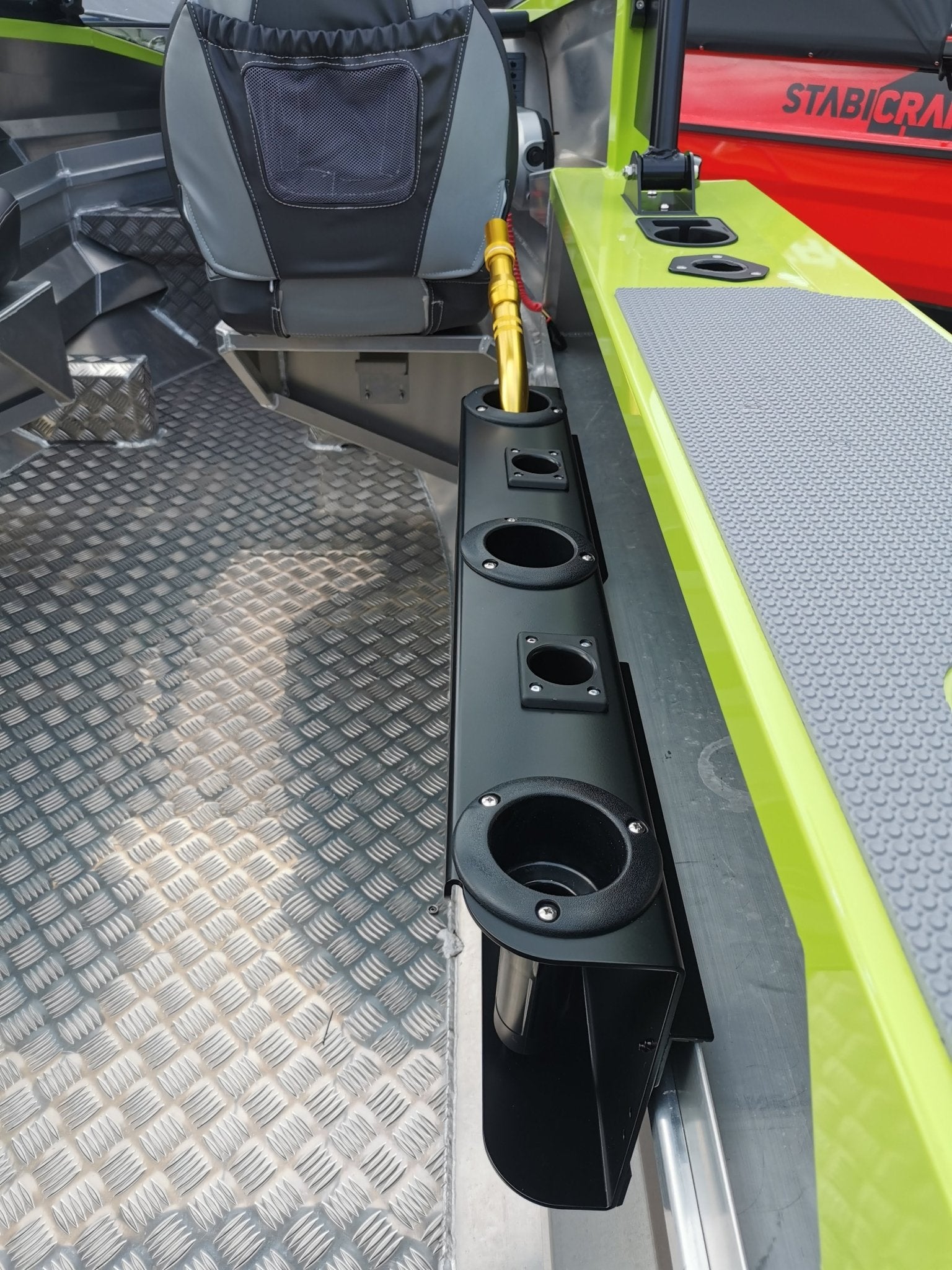 Game Bent Butts 3 game  rods horizontally - Ultimate Rod Racks NZ allowing to walk past in a stabicraft 2150